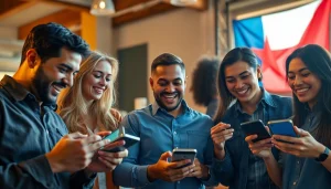 Engaged individuals participating in Texas sports betting using mobile apps and celebrating victories.