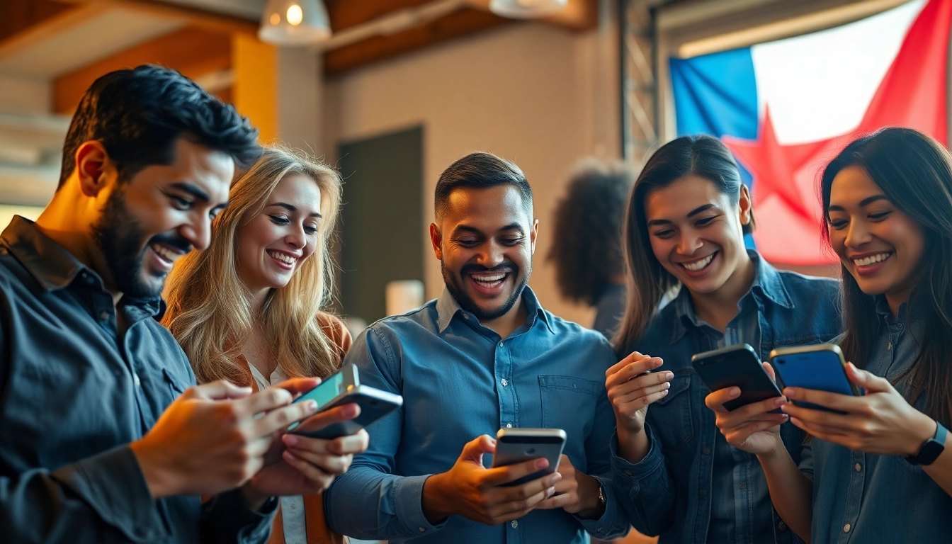 Engaged individuals participating in Texas sports betting using mobile apps and celebrating victories.