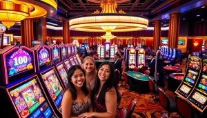 Players enjoying agen toto slot games in a vibrant casino atmosphere filled with excitement.