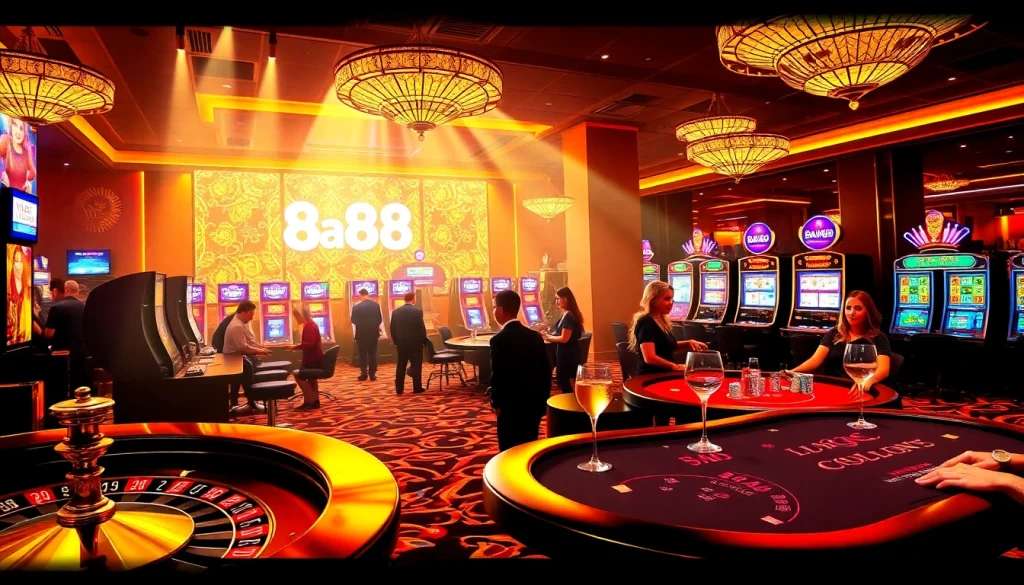 Babu88 casino scene showing players engaging in thrilling high-stakes games with roulette wheels and poker tables.