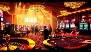 Babu88 casino scene showing players engaging in thrilling high-stakes games with roulette wheels and poker tables.