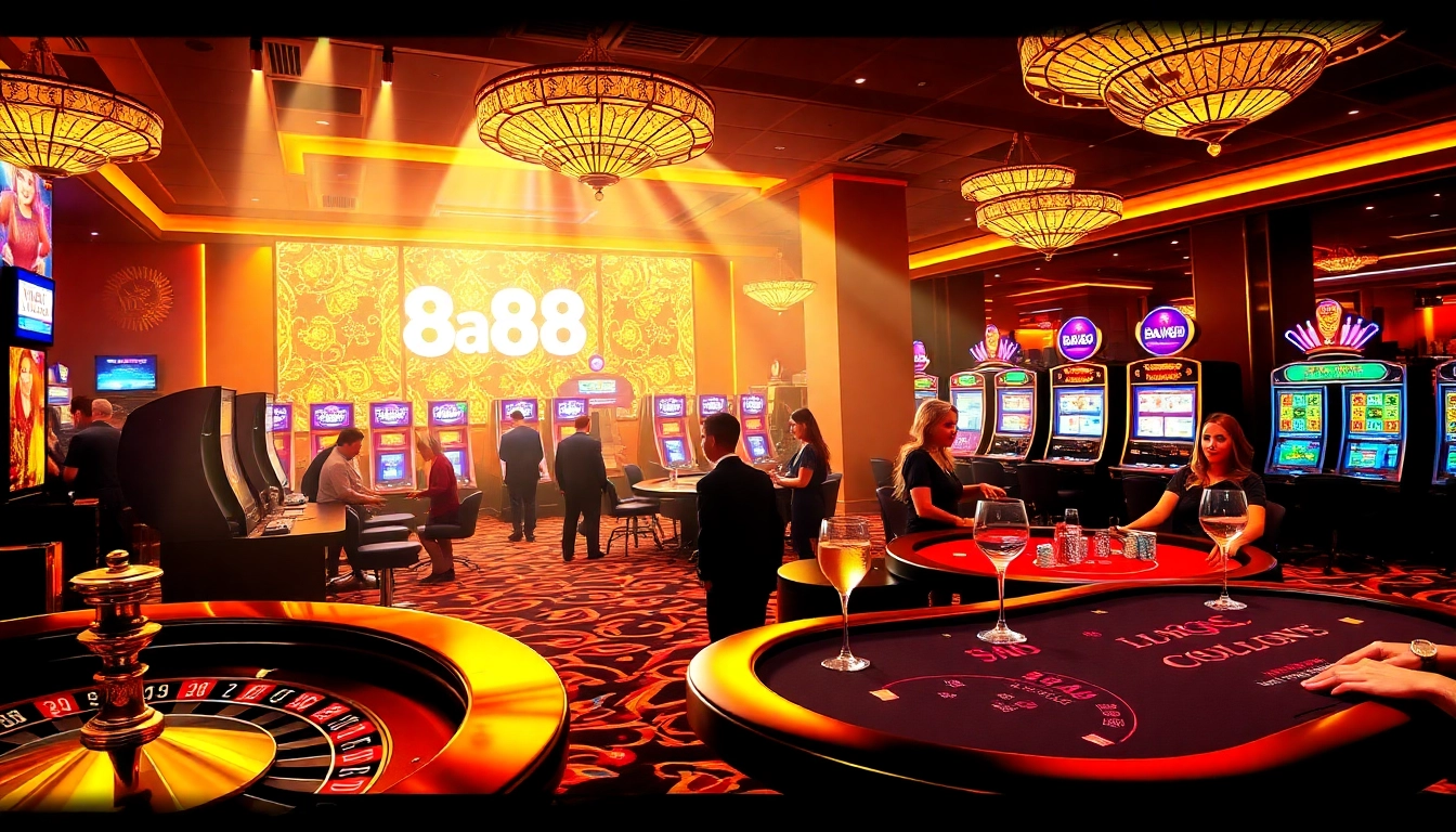 Babu88 casino scene showing players engaging in thrilling high-stakes games with roulette wheels and poker tables.