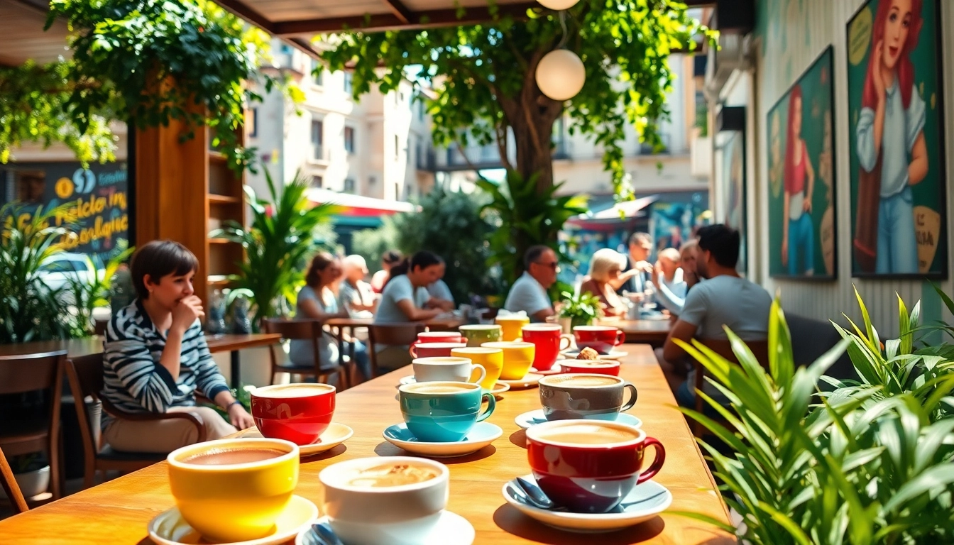 Profitez de l'ambiance animée du coffeeshop espagne avec des clients savourant leur café.