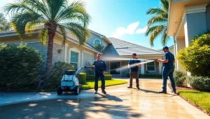 Soft wash service in Kissimmee, FL, showcasing professionals cleaning a home with eco-safe solutions.