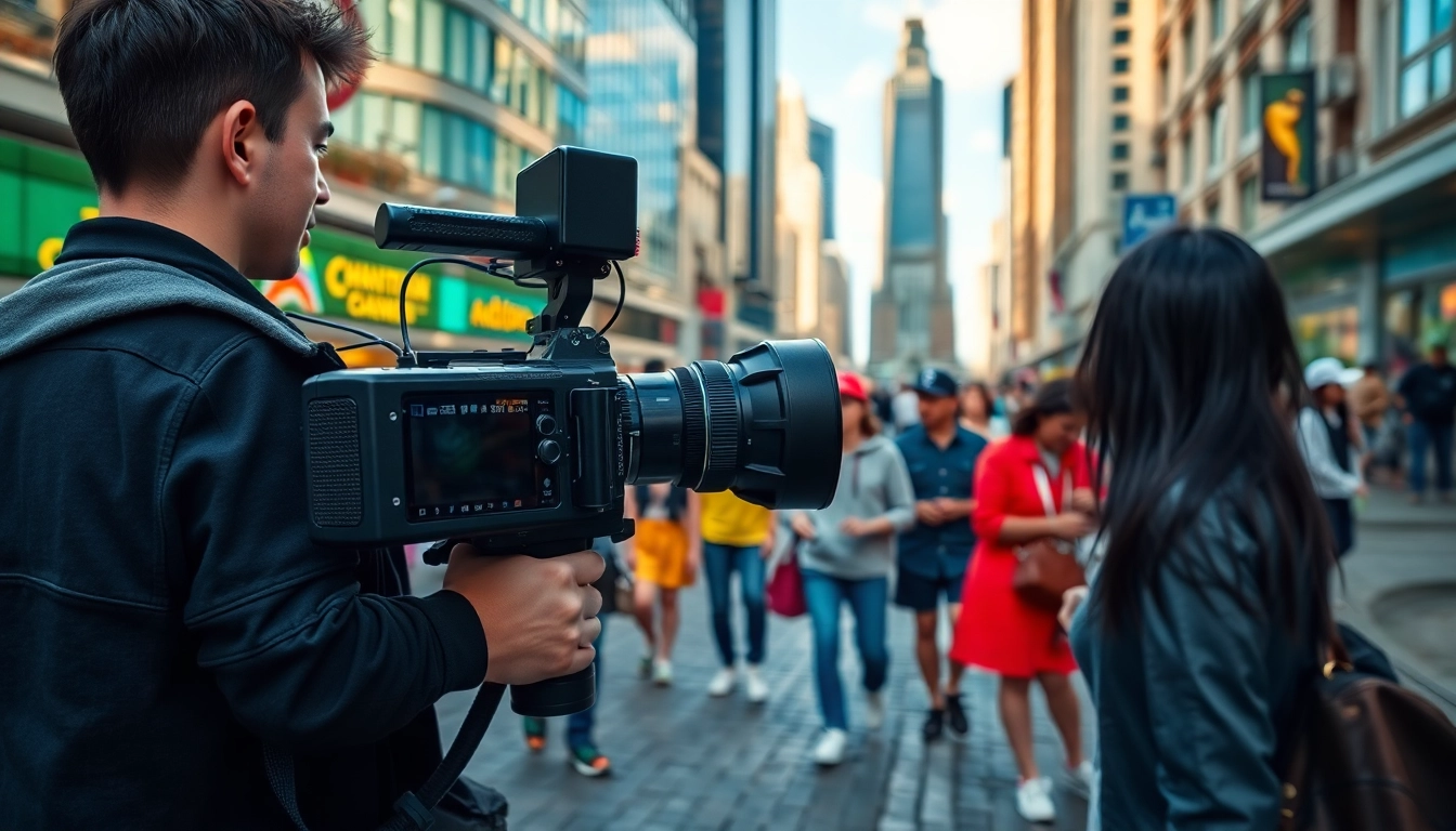 A videographer filming in a bustling city, capturing dynamic moments and vibrant energy.