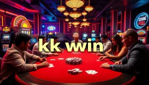 kk win poker table action with players, chips, and cards in an elegant casino scene
