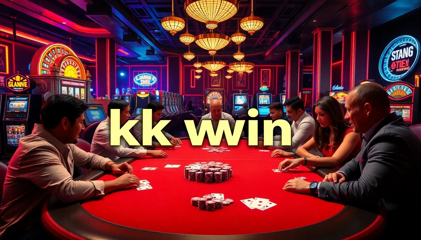 kk win poker table action with players, chips, and cards in an elegant casino scene