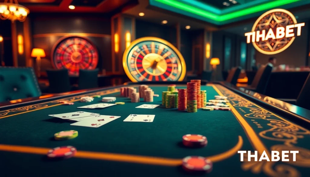 Experience thrilling wins at THABET's luxurious casino table with vibrant poker chips and cards.