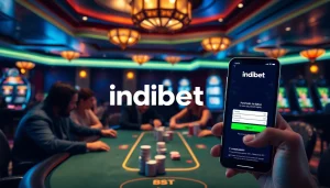 Indibet casino login on a smartphone amidst a vibrant casino scene with poker chips and glowing slot machines.
