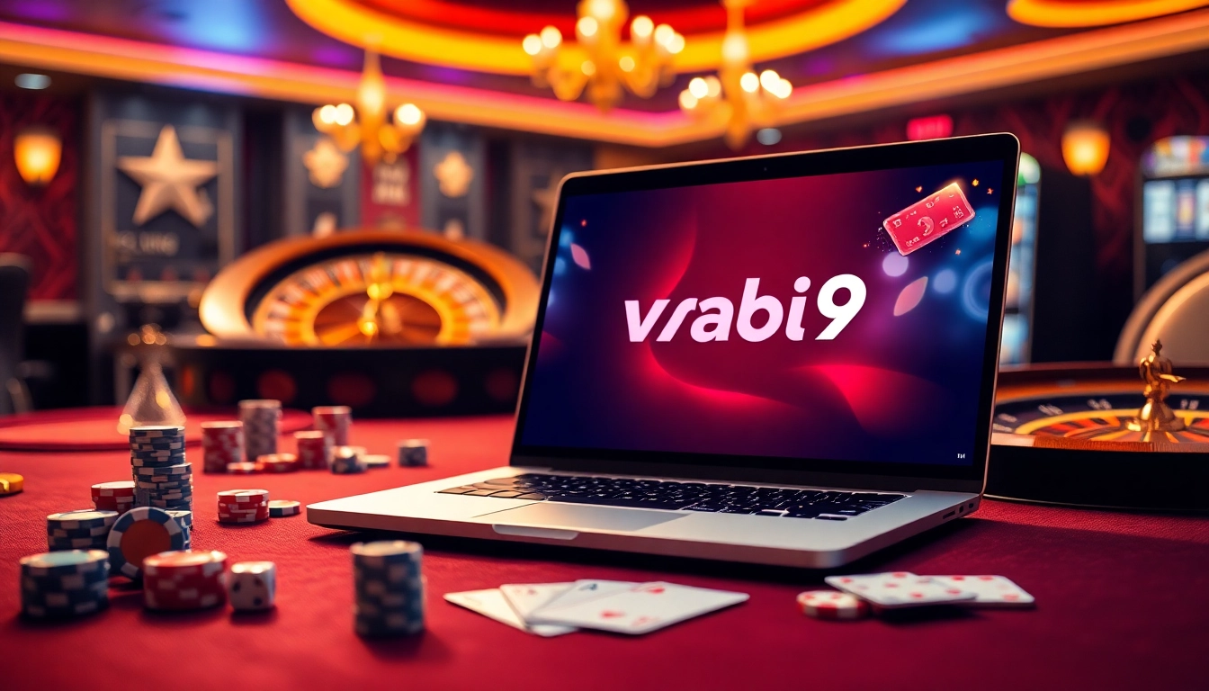 Play exciting games on vuabai9, showcasing roulette and poker elements on a luxurious casino table.