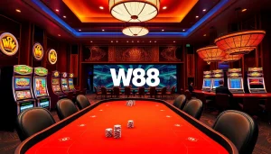Experience excitement at W88 with seamless access, showcasing engaging casino tables and vibrant slot machines.