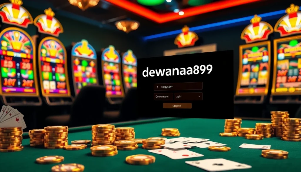 Layar login Dewanaga89 yang terintegrasi dalam adegan kasino mewah dengan mesin slot berwarna-warni dan meja permainan.