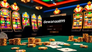 Layar login Dewanaga89 yang terintegrasi dalam adegan kasino mewah dengan mesin slot berwarna-warni dan meja permainan.