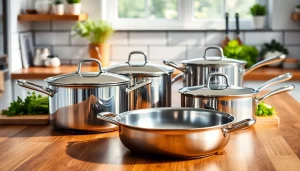 Showcase of high-quality stainless steel cookware NZ on a kitchen countertop, highlighting reflective surfaces and design.