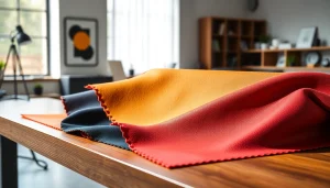 Bekijk skai leer texturen op kleurrijke monsters in een moderne werkomgeving.