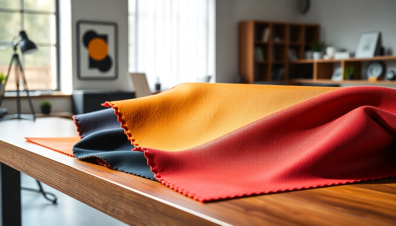 Bekijk skai leer texturen op kleurrijke monsters in een moderne werkomgeving.