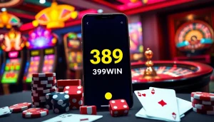 The 389WIN App showcased amid a glamorous casino atmosphere with poker chips and dice.