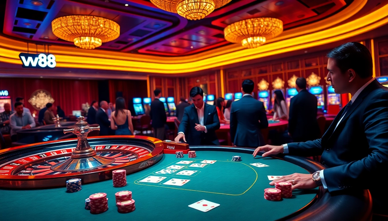 Chơi poker đầy hồi hộp tại W88 casino với bàn chơi sống động và bầu không khí sôi động.