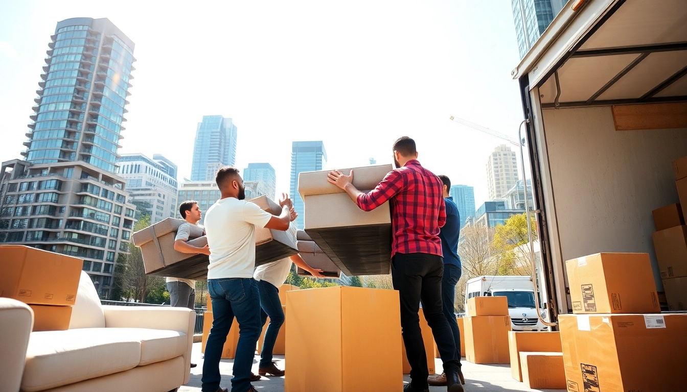 Vancouver moving company team professionally lifting furniture in vibrant city setting.