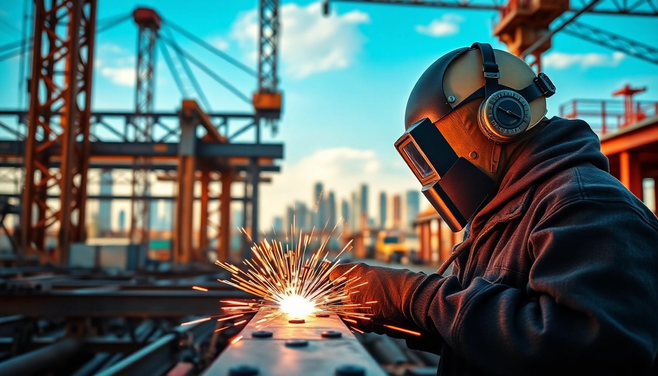 Welder performing structural steel welding with sparks and steel beams in a busy construction site.