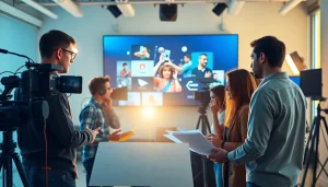 Creative Video Production Agency team collaborating in a vibrant studio environment.