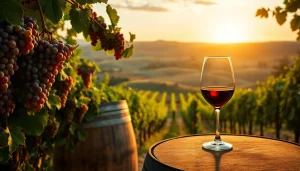 Sample wine glass and barrel at wineries in Clarksburg surrounded by scenic vineyards.