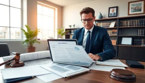 Real estate lawyer consulting in a professional office, showcasing expertise and legal documents.