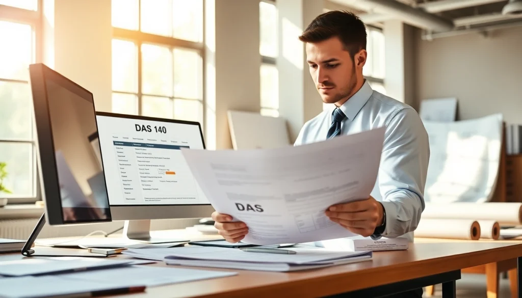 Contractor completing the DAS 140 form accurately in a bright office.