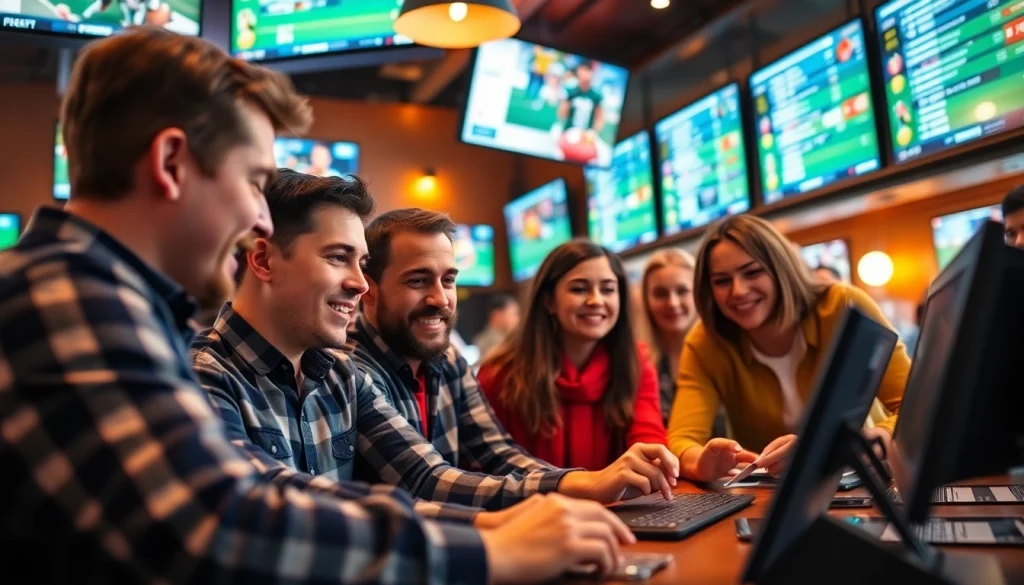 Engaged bettors analyzing odds in a lively Canada sports betting atmosphere.