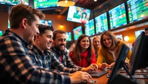 Engaged bettors analyzing odds in a lively Canada sports betting atmosphere.