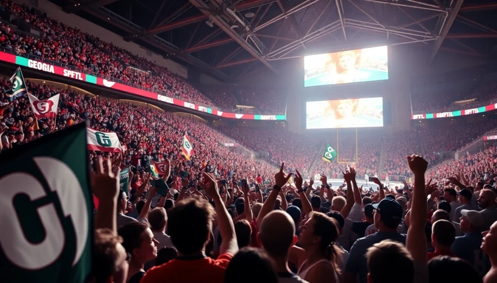 Engaged fans celebrating at a sports event focused on Georgia sports betting.