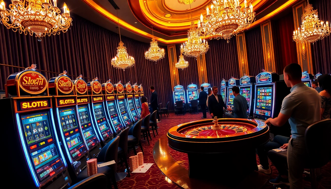Players enjoying dynamic Slot777 slot machines in a luxurious casino atmosphere.