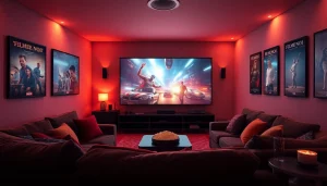 Cozy home theater displaying 'filme noi' with ambient lighting and plush seating.