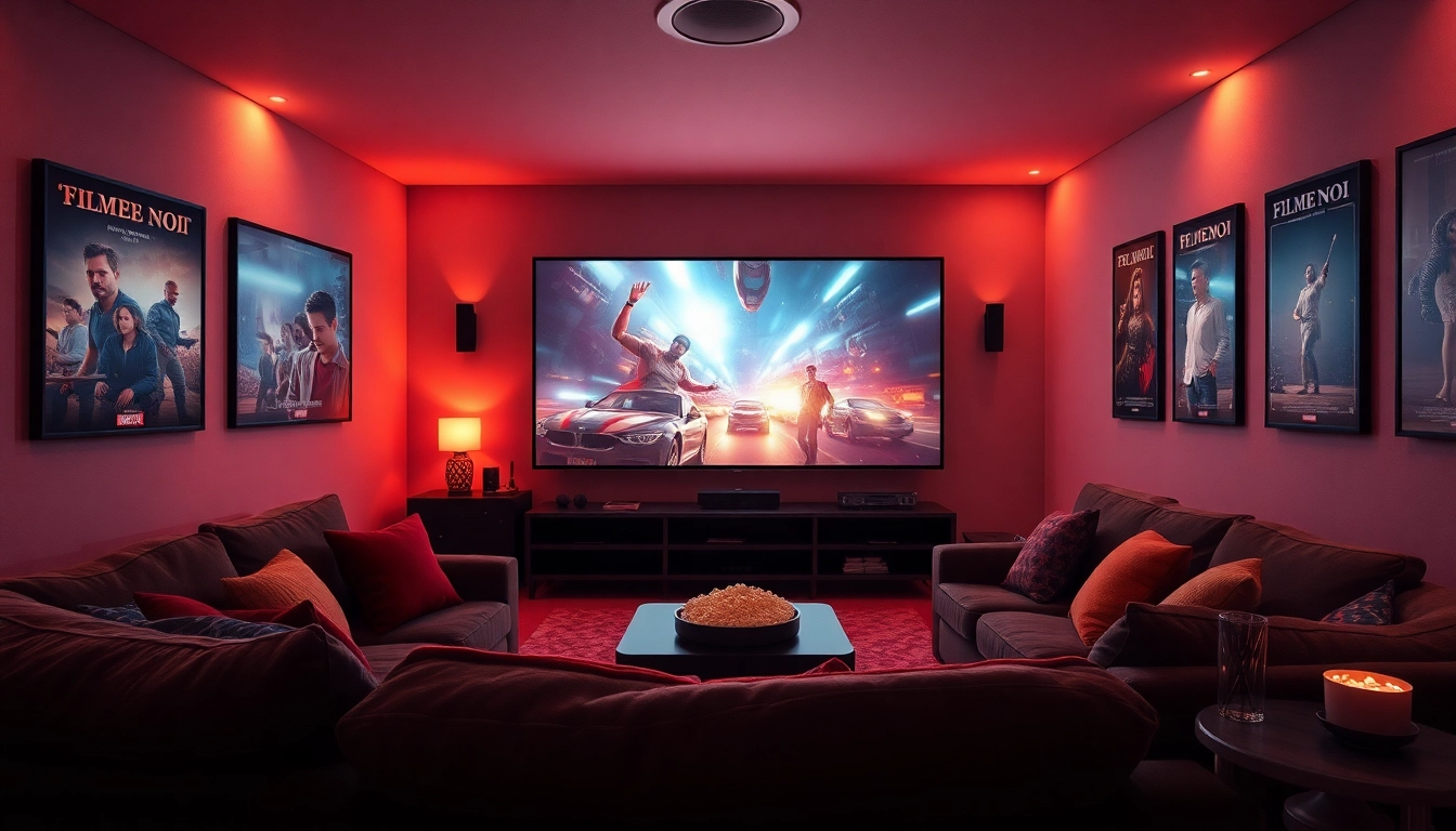 Cozy home theater displaying 'filme noi' with ambient lighting and plush seating.