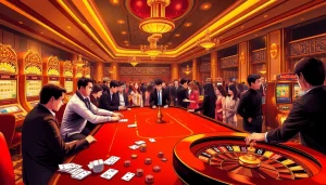 Nền Tảng RR88 showcasing luxury gambling scene with poker, slots, and roulette action.