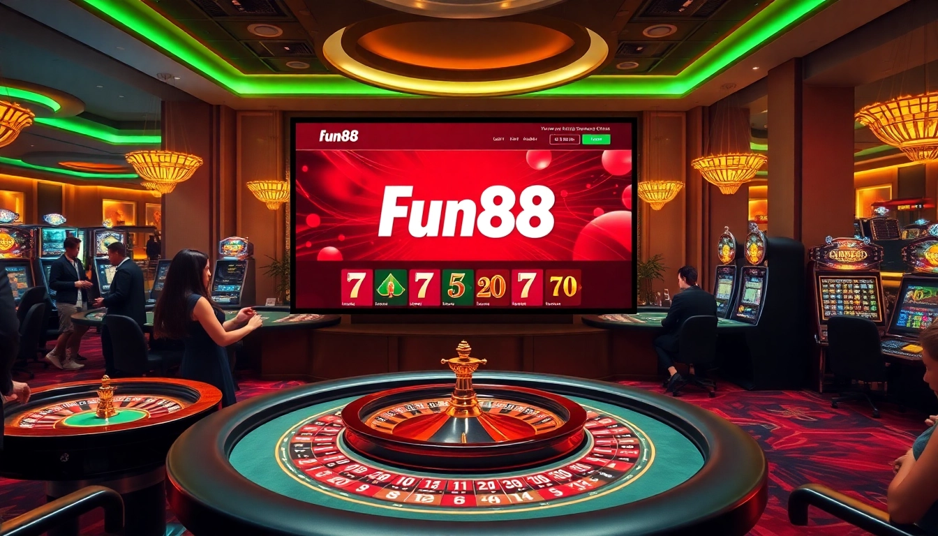 Exciting Fun88 link to online casino games, poker chips, and vibrant roulette wheels.