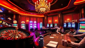 Players enjoying thrilling games at https://thabet.vegas/, surrounded by a vibrant casino atmosphere.