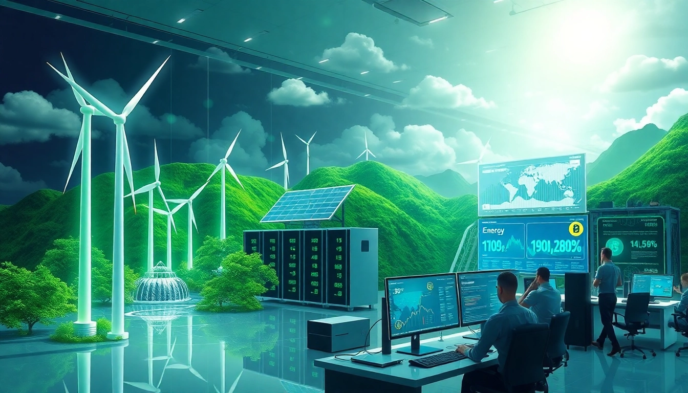 Cluod mining operation showcasing green energy usage with digital displays in a modern tech environment.