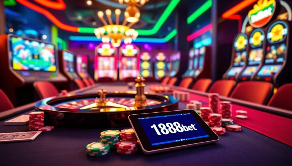 Experience thrilling online gambling with link 188bet displayed on a digital tablet among vibrant casino elements.