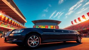 World Cup Group Transportation featuring a luxury limousine outside a stadium, showcasing the excitement of the event.