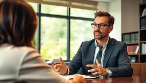 Environmental lawyer discussing regulations with a client in an eco-friendly office.