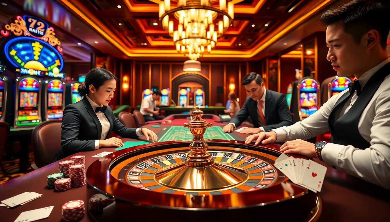 No hu casino scene with vibrant slot machines, poker chips, and a roulette wheel showcasing excitement.