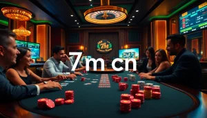 Engaged players at a poker table showcasing 7m cn betting strategies and excitement in a luxurious casino.