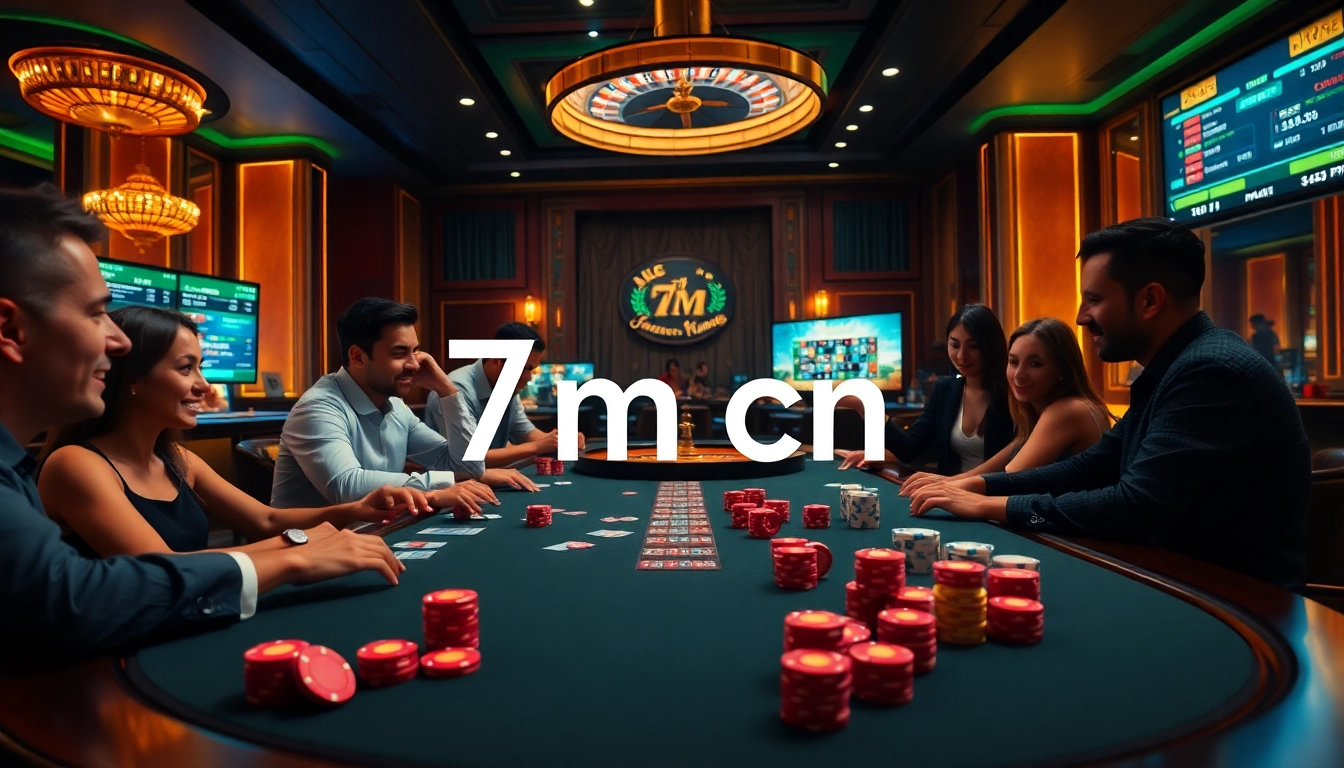 Engaged players at a poker table showcasing 7m cn betting strategies and excitement in a luxurious casino.