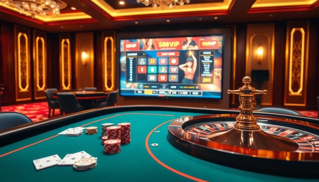 Experience the thrill of gambling at Trang chủ S88VIP with an elegant casino setup featuring poker tables and roulette wheels.