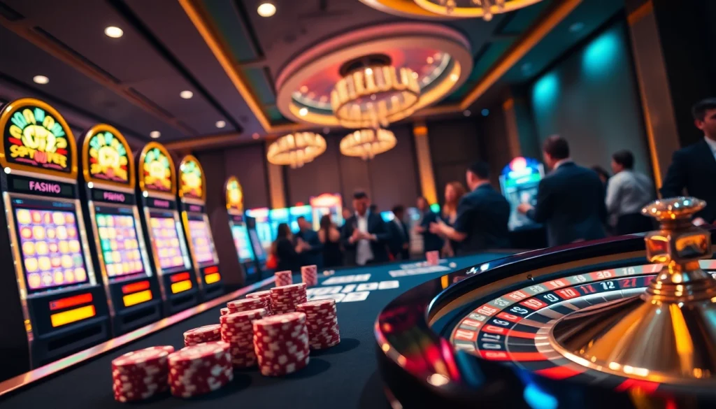 RR88 showcases a luxurious casino table bustling with players and vibrant slot machines.