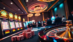 RR88 showcases a luxurious casino table bustling with players and vibrant slot machines.