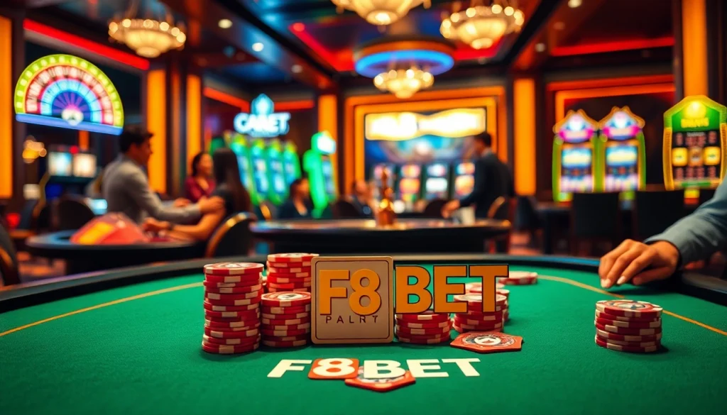 Experience the thrill of F8 BET at an elegant casino table filled with vibrant poker chips.
