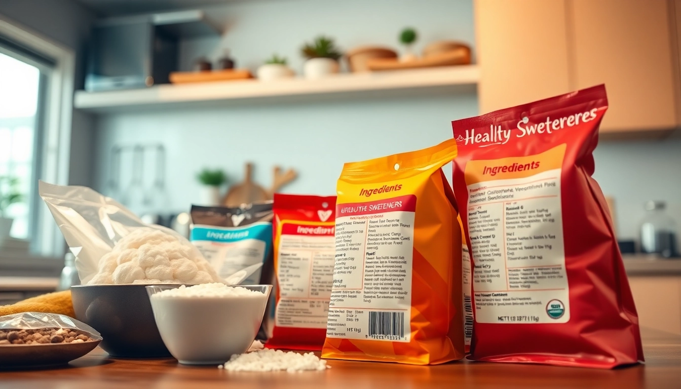 Visual representation of dolcificante industriale options and packaging in a culinary kitchen setting.