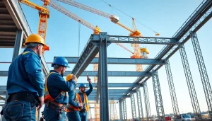 Constructing a framework through precise structural steel installation by professional workers.